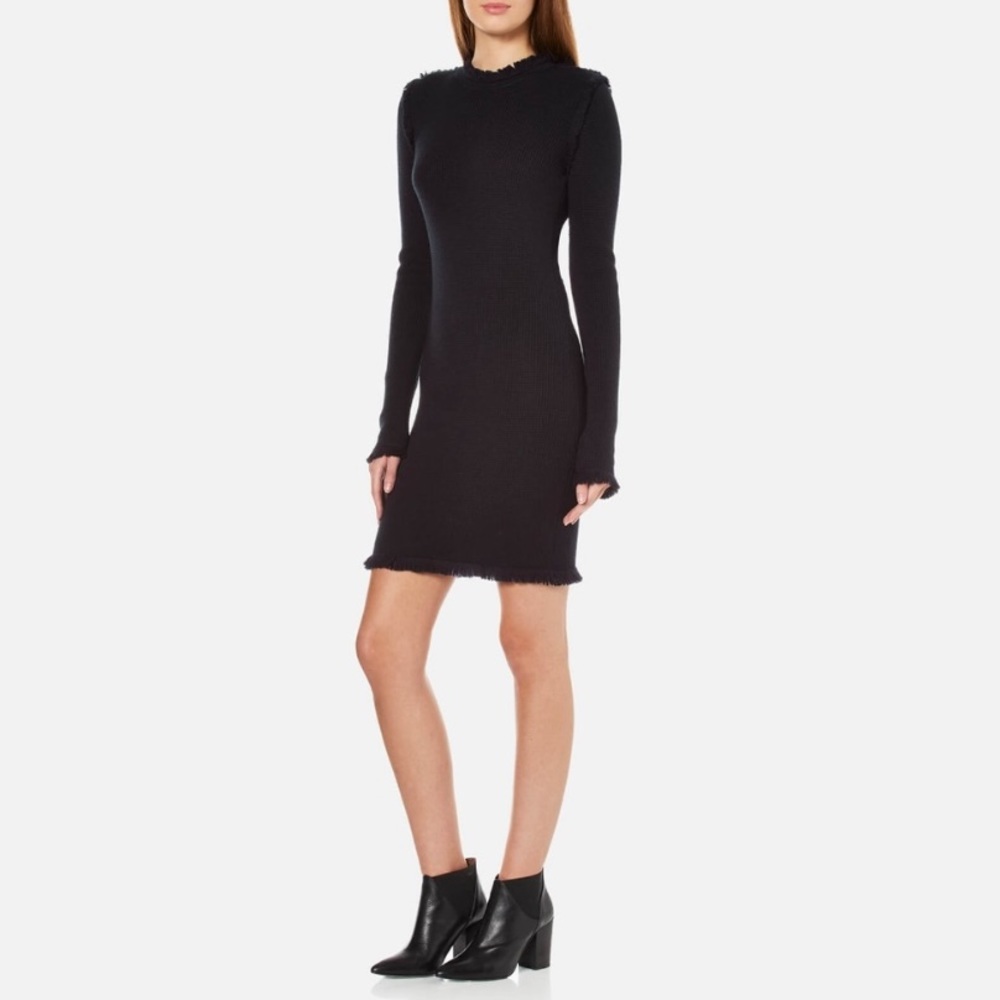 Long-Sleeve Fine Fringe-Trim Ribbed Sweaterdress